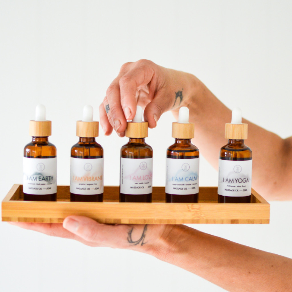 tray of beautiful massage oils