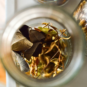 Dried botanicals in a glass jar