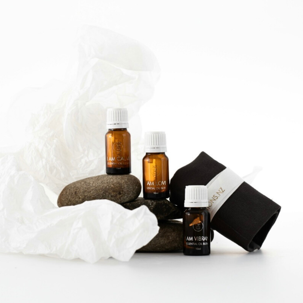 Plant Potions essential oil blend trio in cotton travel wrap — premium NZ aromatherapy gift set.
