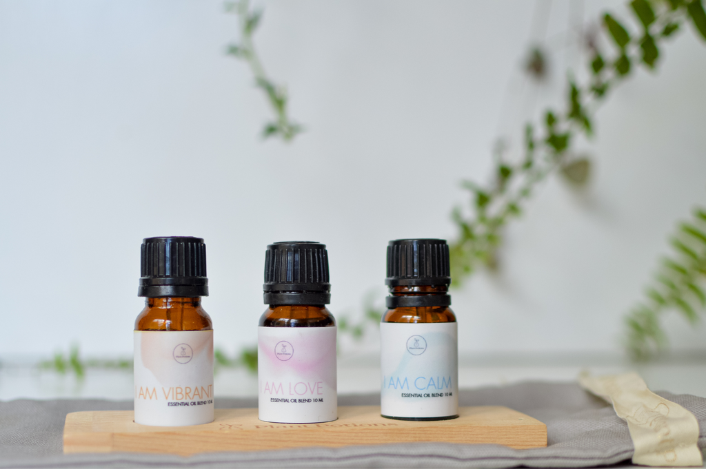 3 essential oils on a wooden stand with plants in the  background