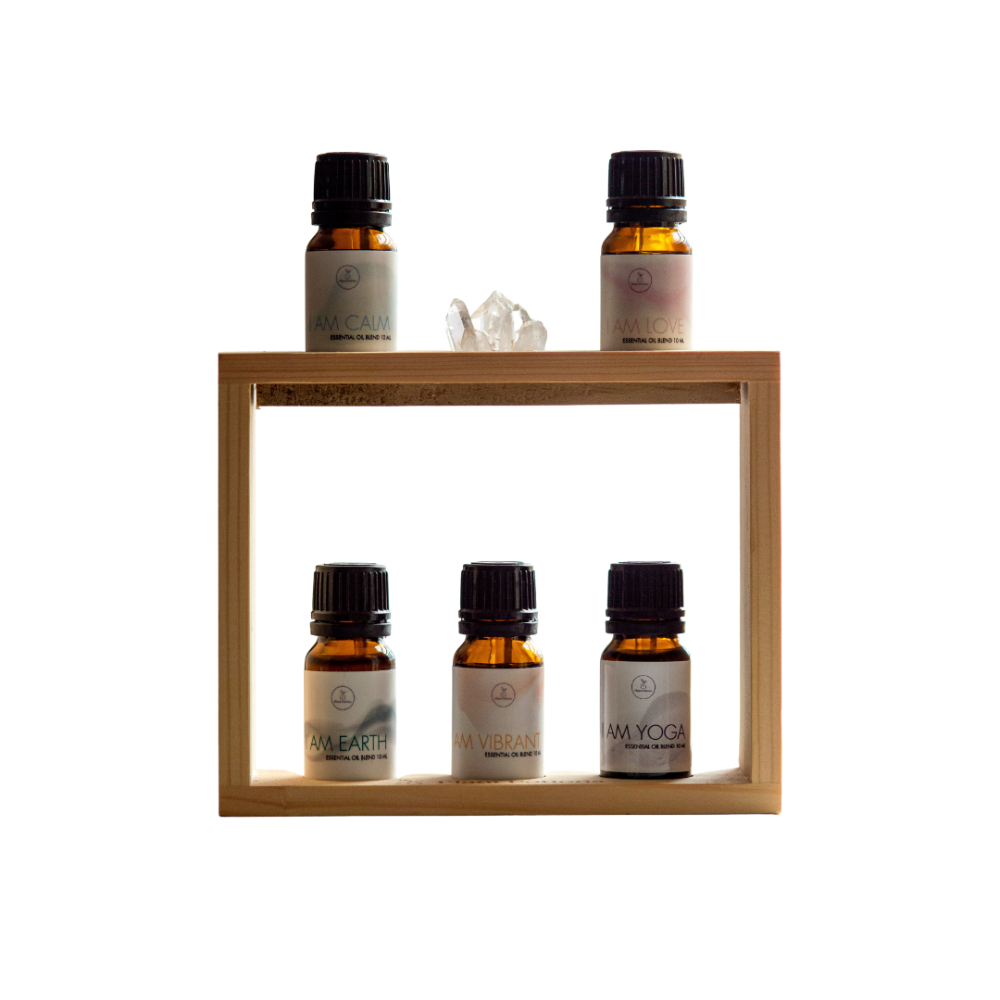 5 essential oil blends on a wooden storage stand
